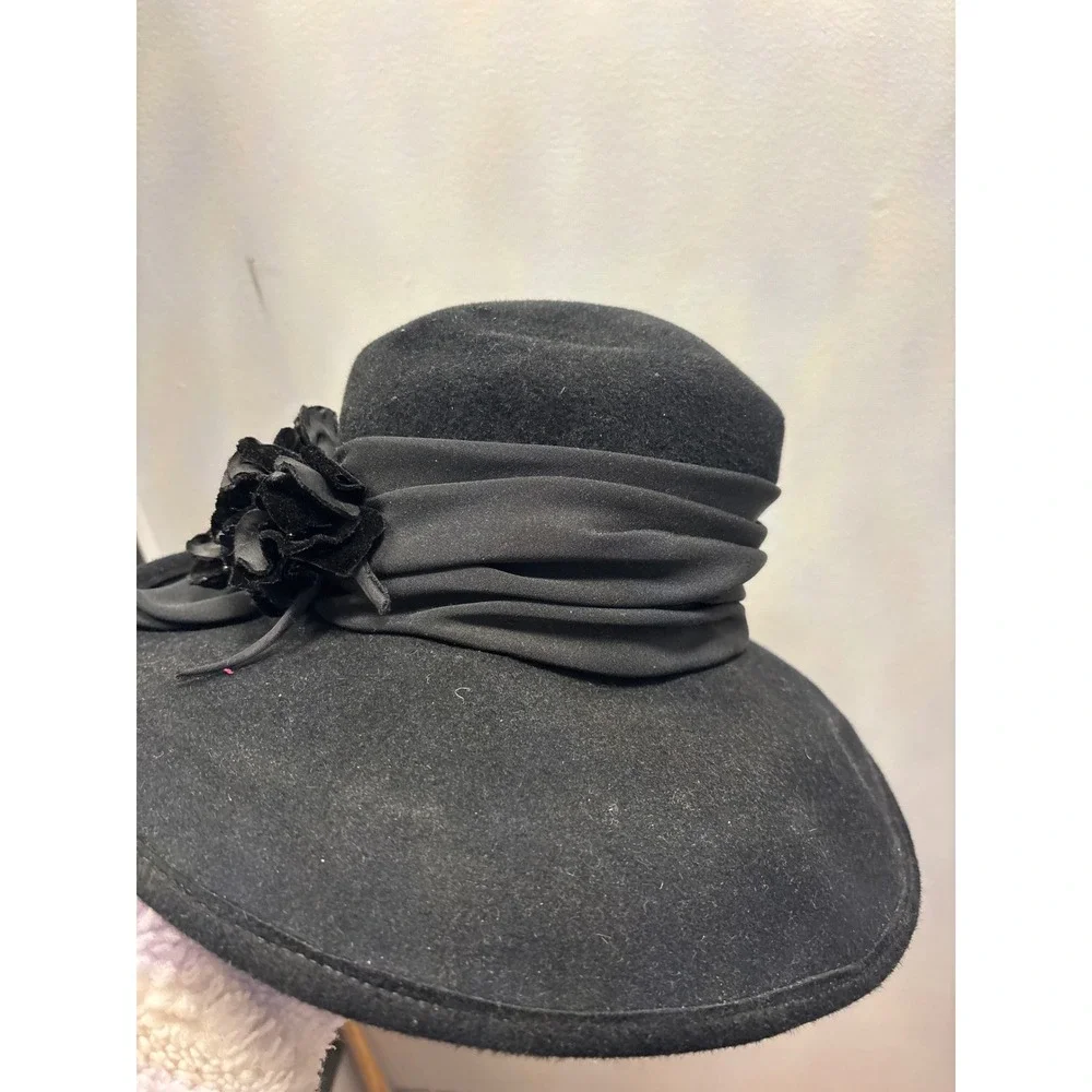 Suzanne Custom Made Millinery Black Wool‎ Flower Bow Wide Brim Hat